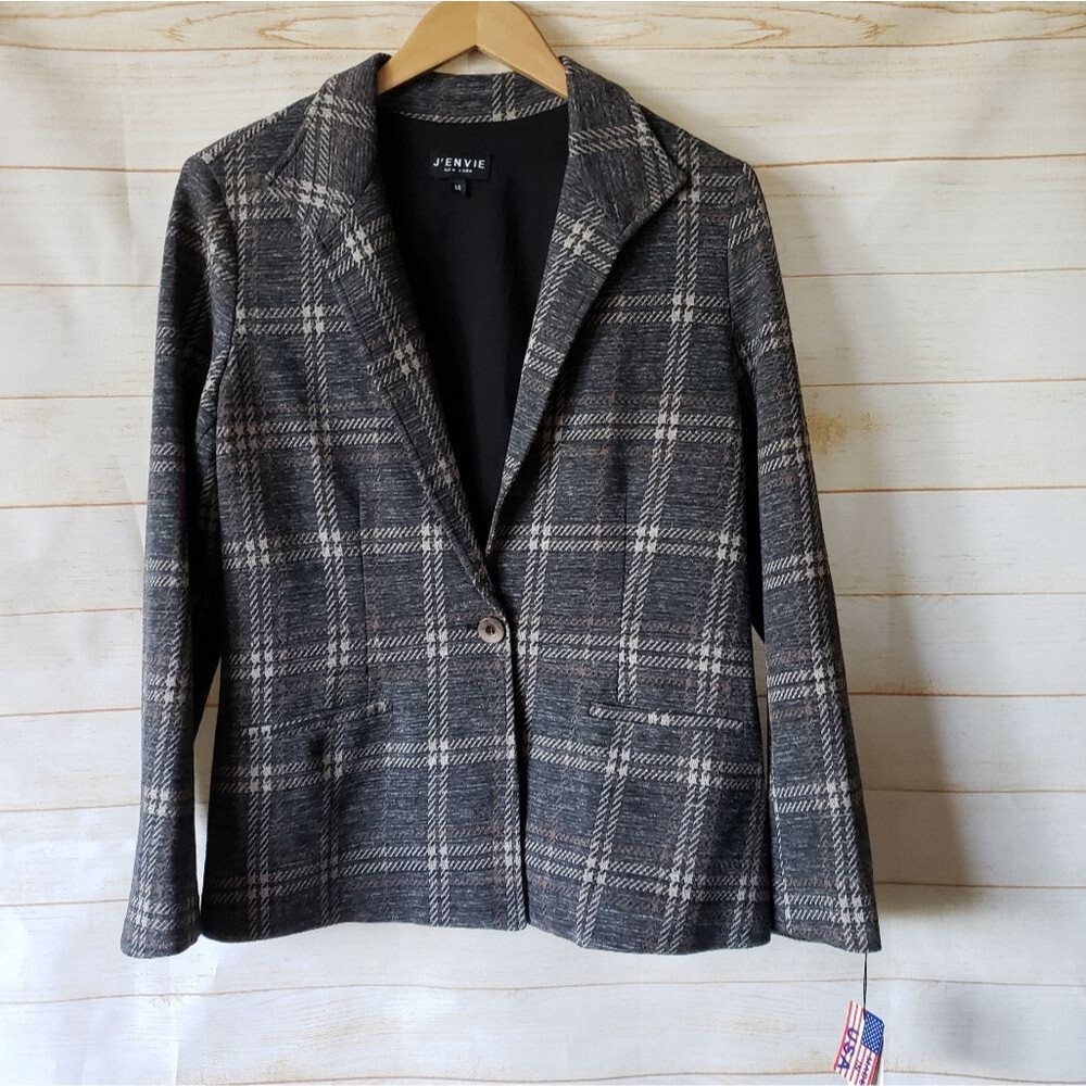 J'Envie Plaid Checkered Jacket Blazer Gray Size 14 Made in USA Business Stretchy